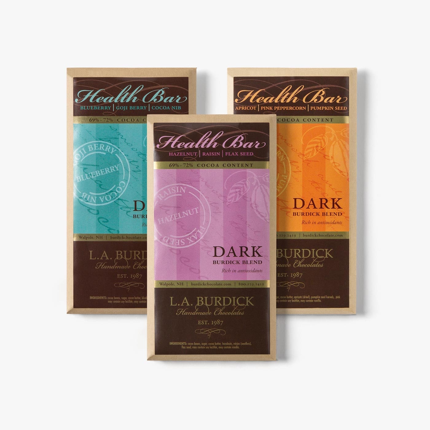 Dark Chocolate Candy Bar Assortment. Burdick Health Bars combine our smooth gourmet dark chocolate with nuts, seeds, and fruits.